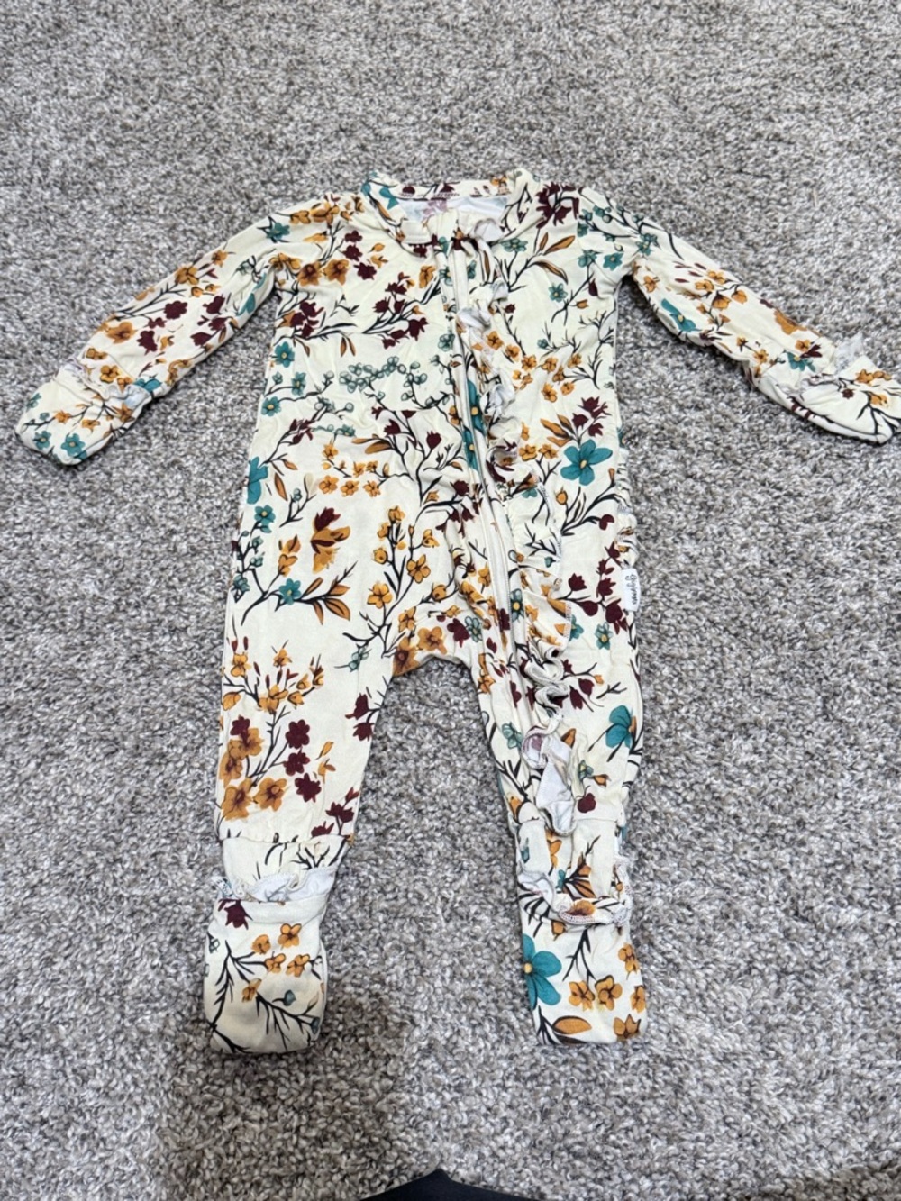 Cream Floral Zip-Front Baby Footie with Fold-Over Cuffs